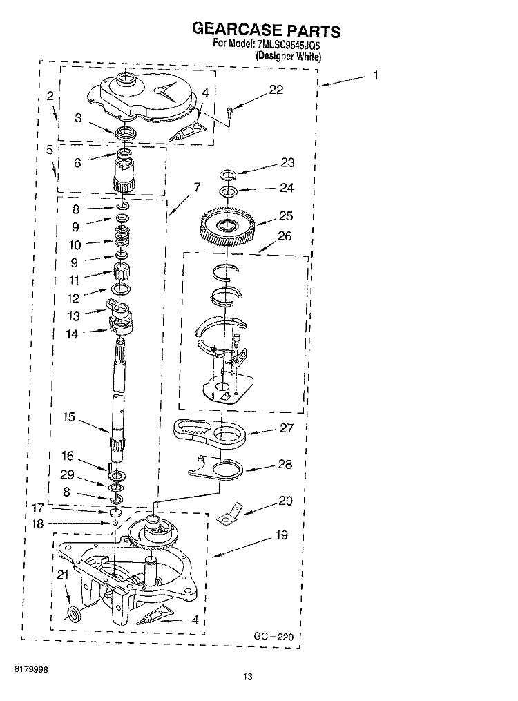 GEARCASE PARTS Diagram and Parts List for 7MLSC9545JQ5  Whirlpool Washer