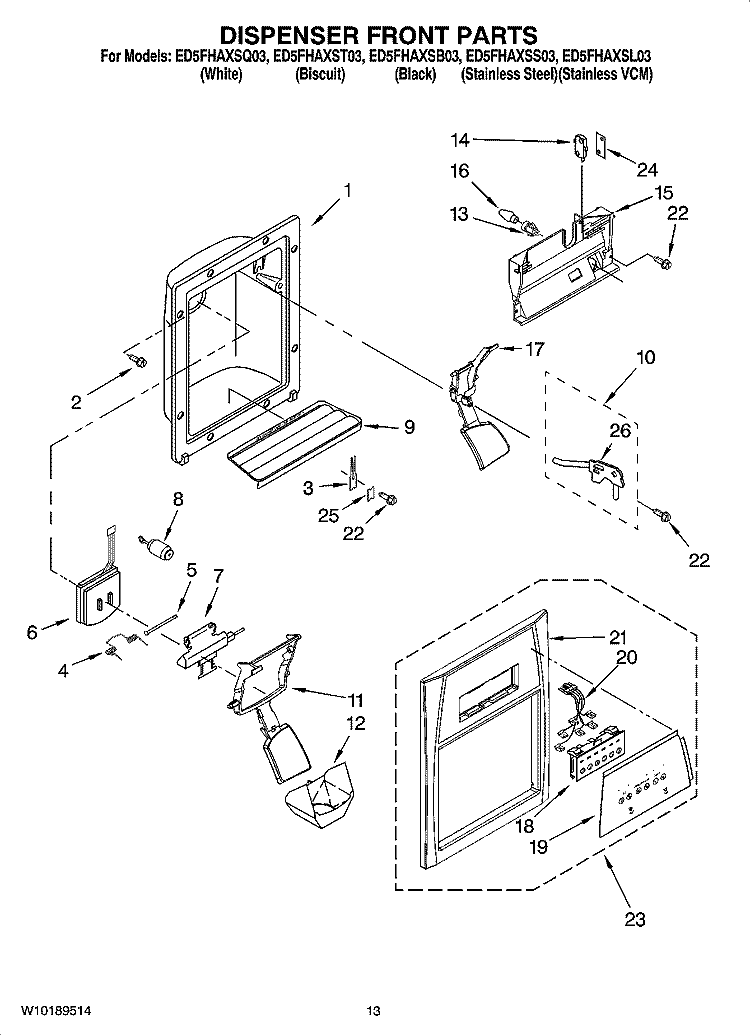 DISPENSER FRONT PARTS Diagram and Parts List for ED5FHAXSQ03  Whirlpool Refrigerator