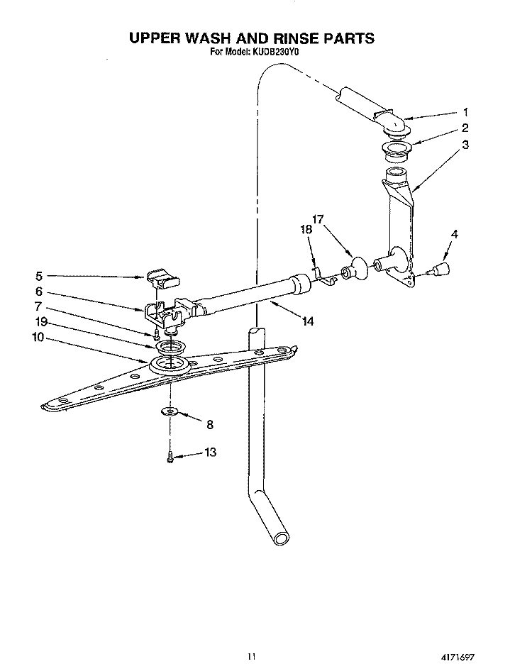 UPPER WASH AND RINSE Diagram and Parts List for KUDB230Y0  KitchenAid Dishwasher