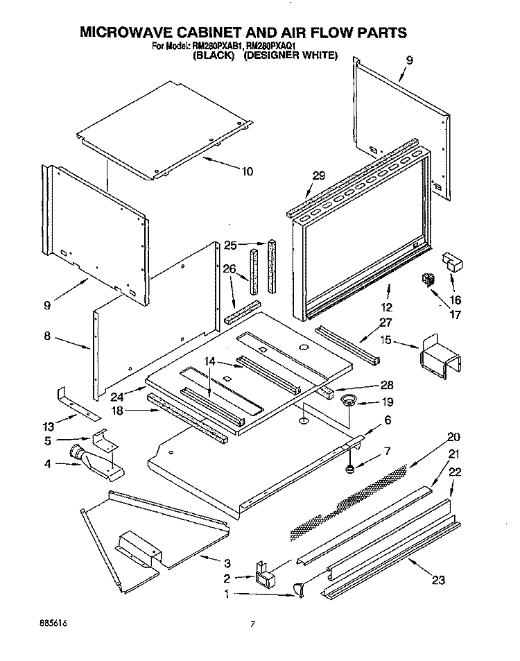 MICROWAVE CABINET AND AIR FLOW Diagram and Parts List for RM280PXAB1  Whirlpool Microwave Oven Combo