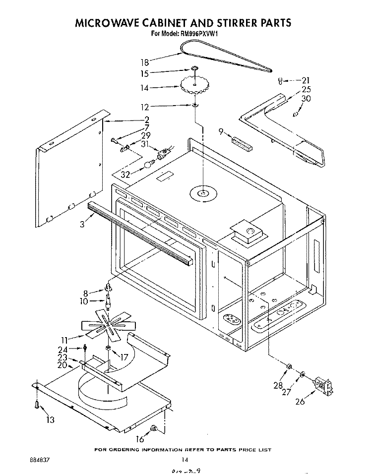 MICROWAVE CABINET AND STIRRER Diagram and Parts List for RM996PXVN1  Whirlpool Microwave Oven Combo