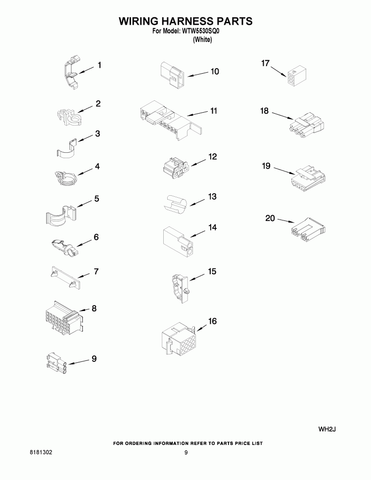 WIRING HARNESS PARTS Diagram and Parts List for WTW5530SQ0  Whirlpool Washer