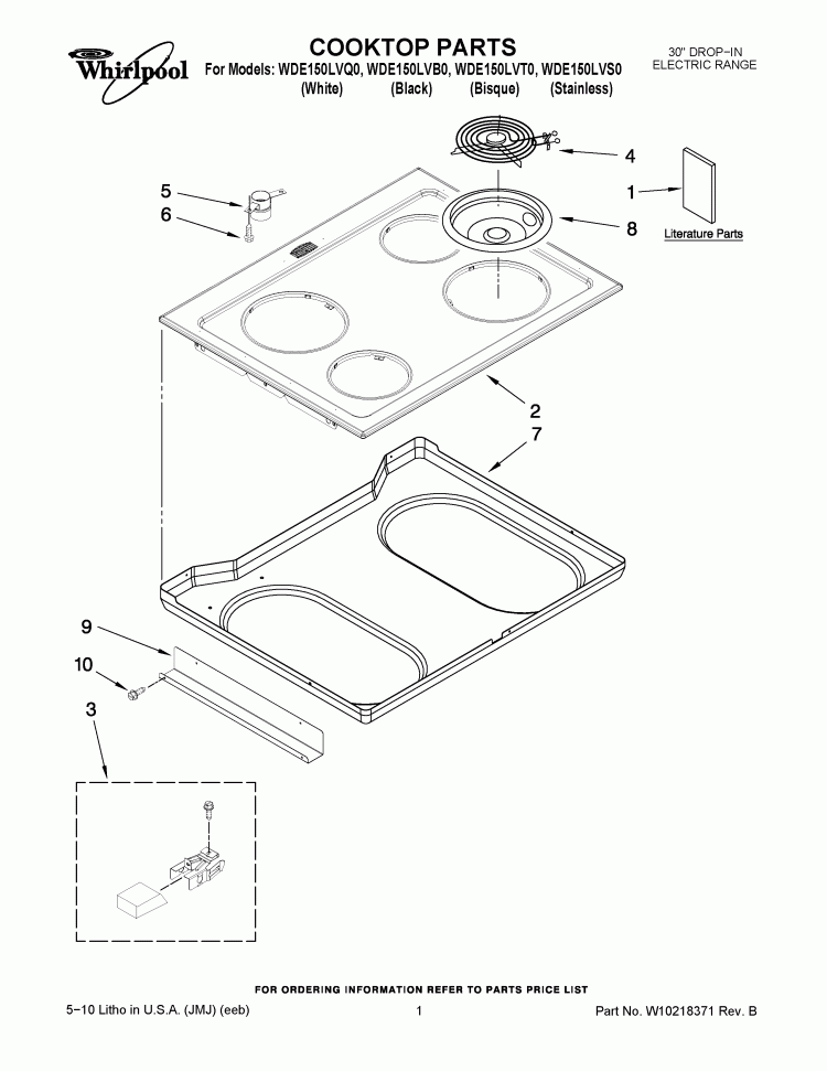 COOKTOP PARTS Diagram and Parts List for WDE150LVS0  Whirlpool Range
