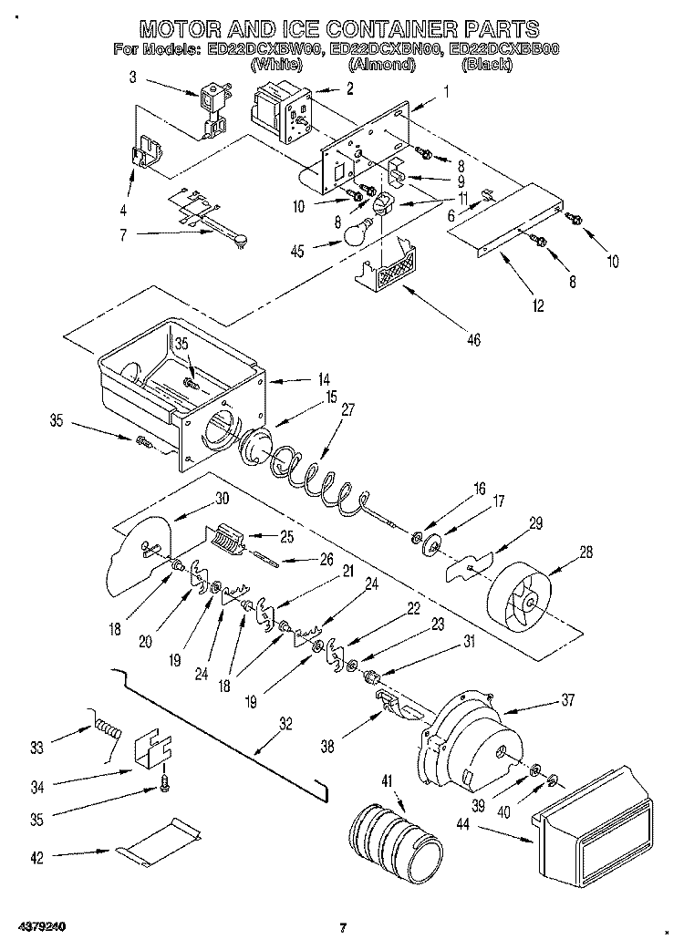 MOTOR AND ICE CONTAINER Diagram and Parts List for ED22DCXBB00  Whirlpool Refrigerator