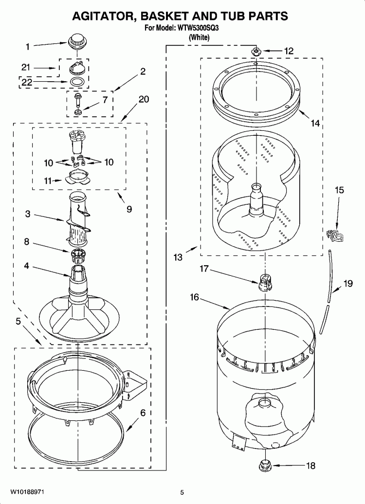 AGITATOR, BASKET AND TUB PARTS Diagram and Parts List for WTW5300SQ3  Whirlpool Washer