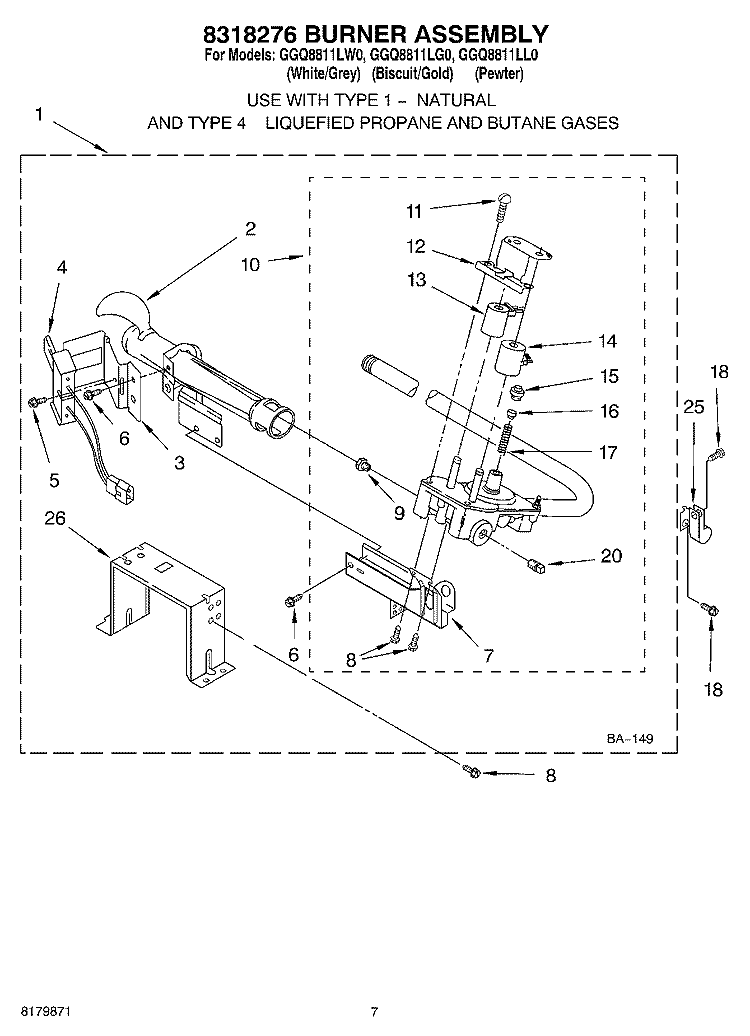 8318276 BURNER Diagram and Parts List for GGQ8811LG0  Whirlpool Dryer