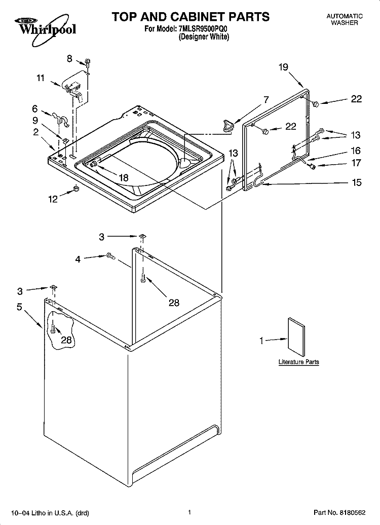 TOP AND CABINET PARTS Diagram and Parts List for 7MLSR9500PQ0  Whirlpool Washer