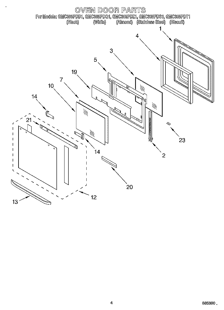 OVEN DOOR Diagram and Parts List for GMC305PDQ1  Whirlpool Microwave Oven Combo