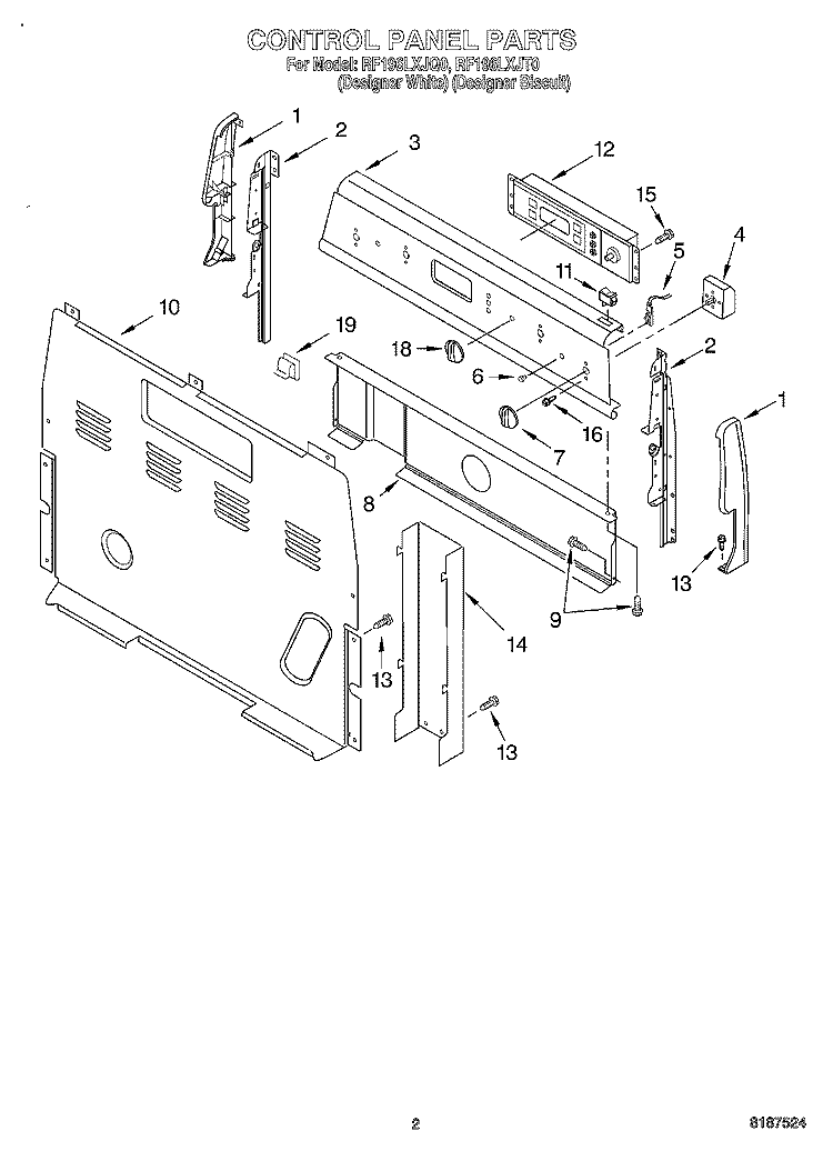 CONTROL PANEL Diagram and Parts List for RF196LXJT0  Whirlpool Range