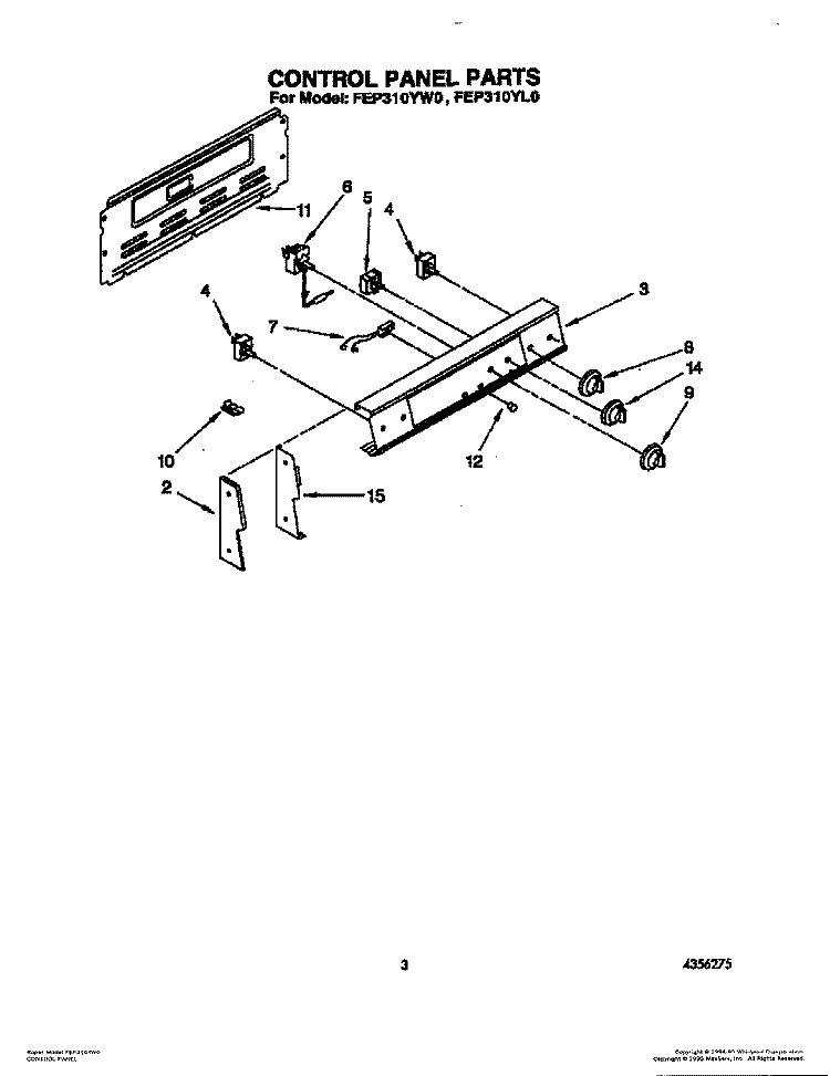 CONTROL PANEL Diagram and Parts List for FEP310YW0  Roper Range