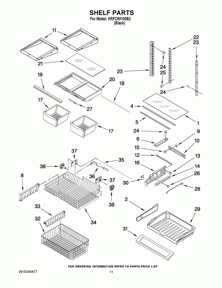 SHELF PARTS Diagram and Parts List for KRFC90100B3  KitchenAid Refrigerator