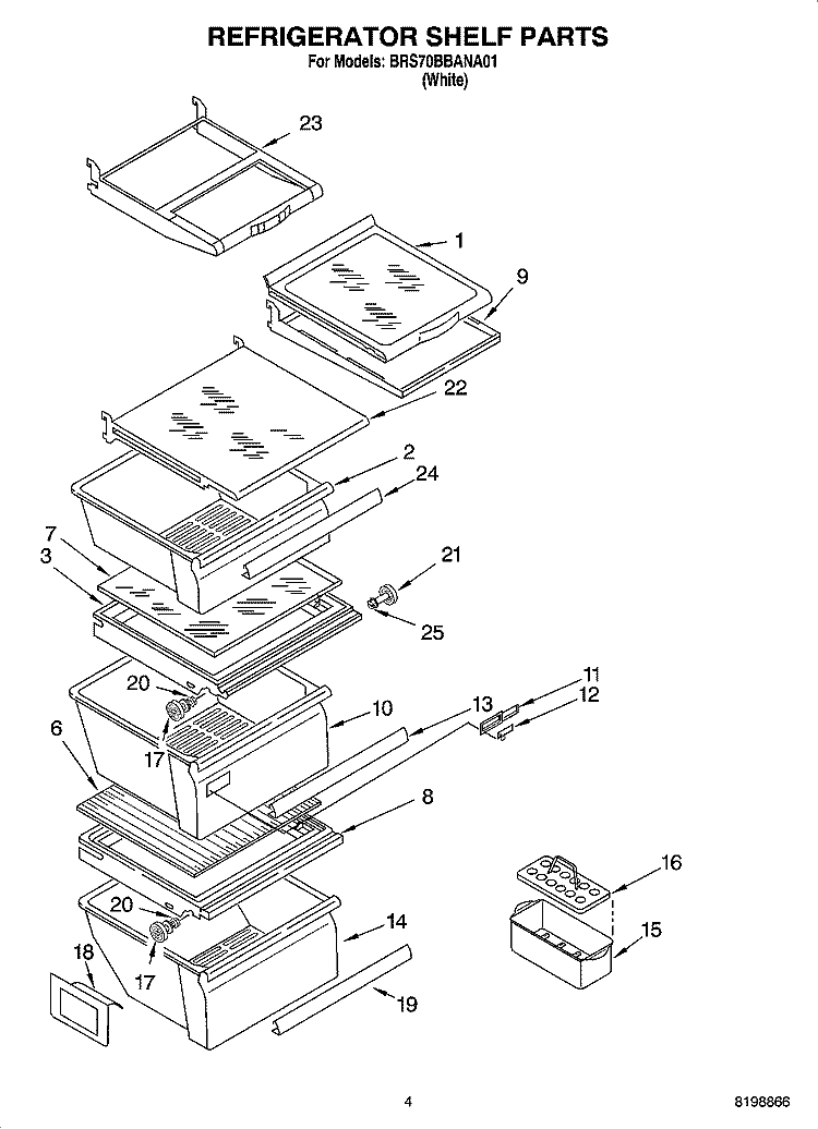 REFRIGERATOR SHELF PARTS Diagram and Parts List for BRS70BBANA01  Whirlpool Refrigerator