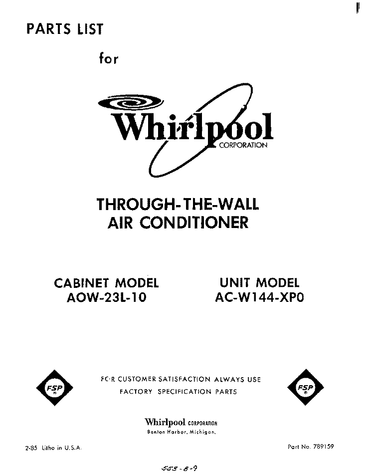 SECTION Diagram and Parts List for ACW144XP0  Whirlpool Air Conditioner