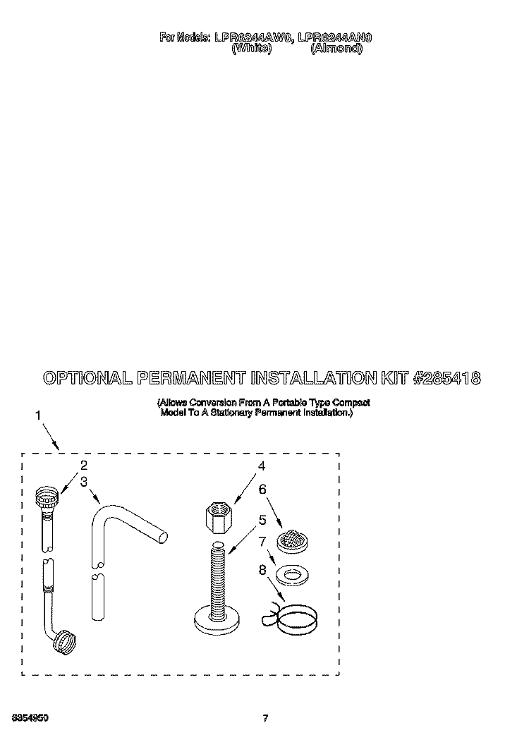OPTIONAL PERMANENT INSTALLATION KIT Diagram and Parts List for LPR6244AW0  Whirlpool Washer