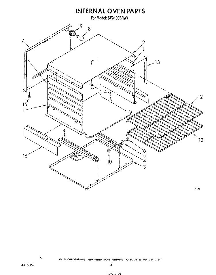 INTERNAL OVEN Diagram and Parts List for SF3100ERW4  Whirlpool Range