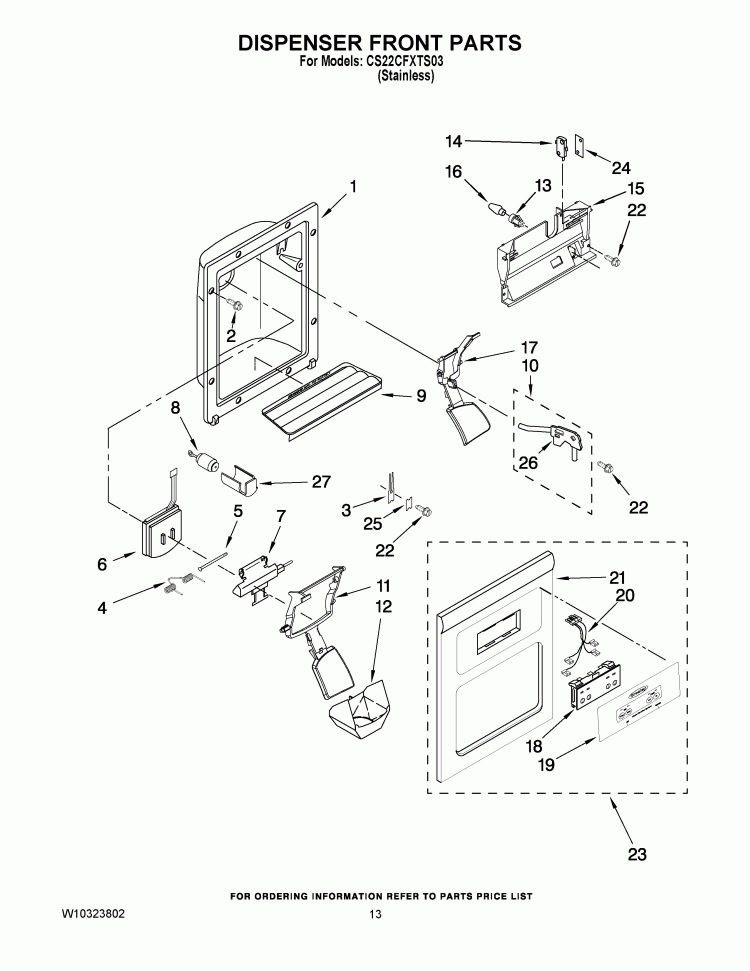 DISPENSER FRONT PARTS Diagram and Parts List for CS22CFXTS03  Crosley Refrigerator