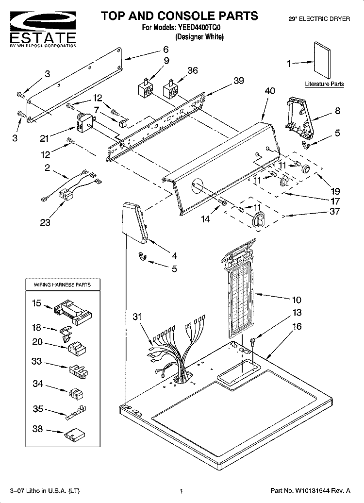 TOP AND CONSOLE PARTS Diagram and Parts List for YEED4400TQ0  Estate Dryer