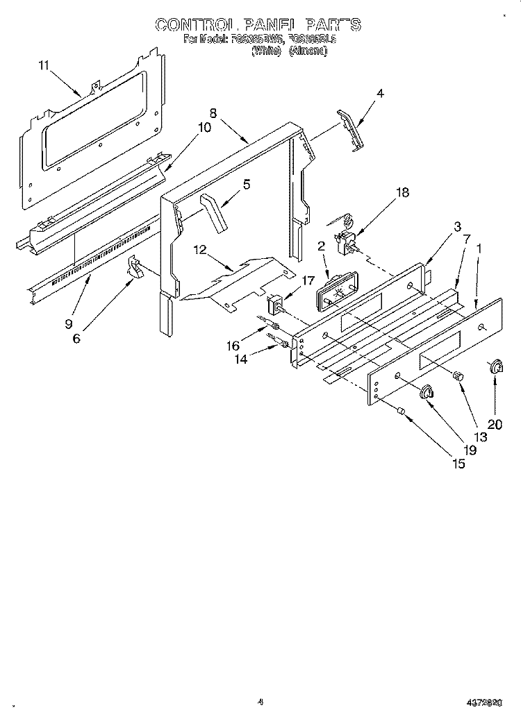 CONTROL PANEL Diagram and Parts List for FGS385BL5  Roper Range