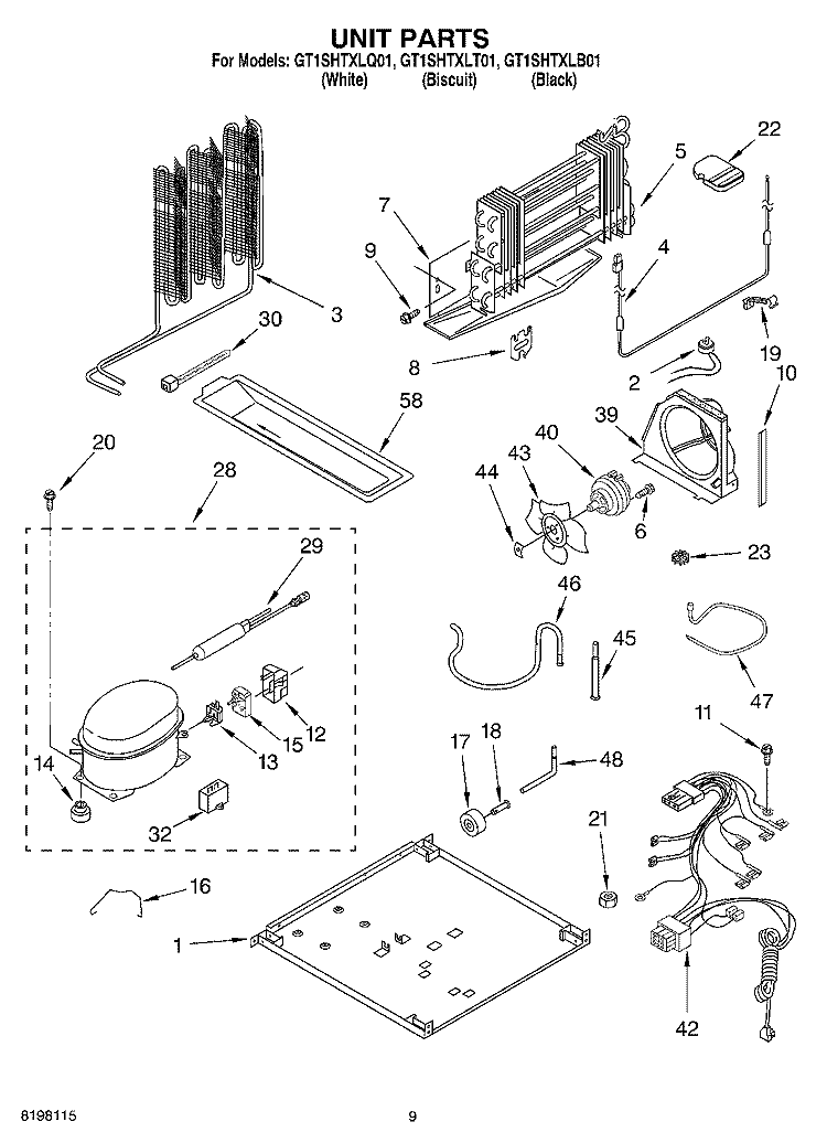 UNIT Diagram and Parts List for GT1SHTXLT01  Whirlpool Refrigerator