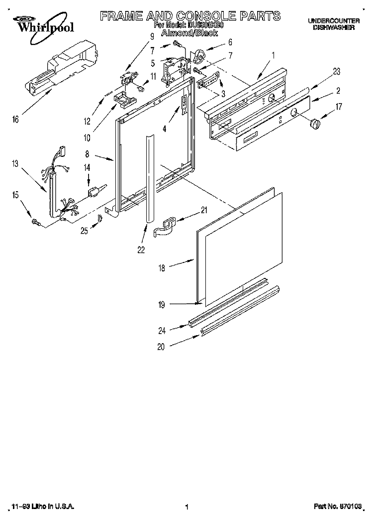 FRAME AND CONSOLE Diagram and Parts List for DU8500XB0  Whirlpool Dishwasher