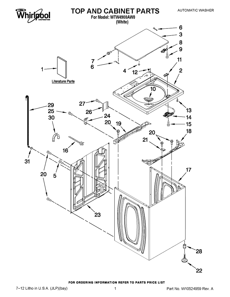 TOP AND CABINET PARTS Diagram and Parts List for WTW4900AW0  Whirlpool Washer