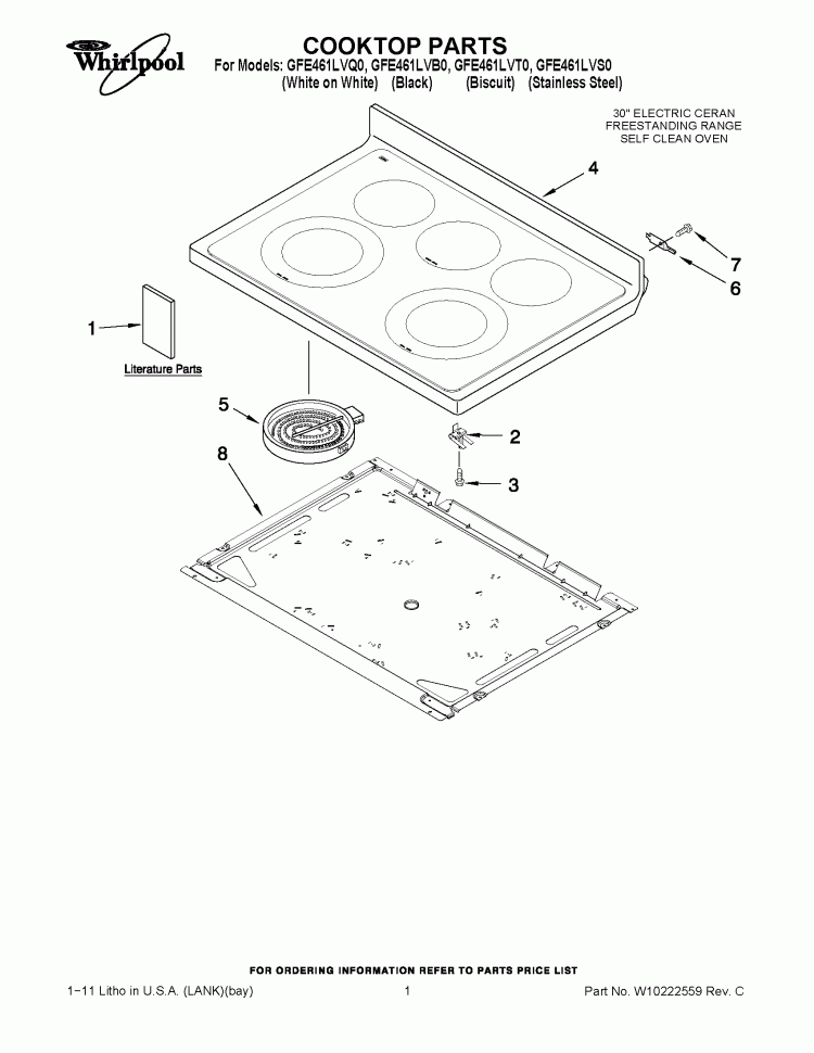 COOKTOP PARTS Diagram and Parts List for GFE461LVQ0  Whirlpool Range