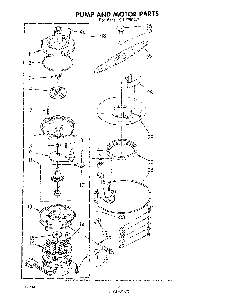 PUMP AND MOTOR Diagram and Parts List for SHU75042  Whirlpool Dishwasher