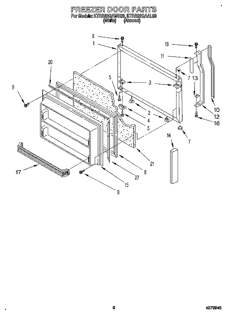 FREEZER DOOR Diagram and Parts List for KTRS22QAWH03  KitchenAid Refrigerator
