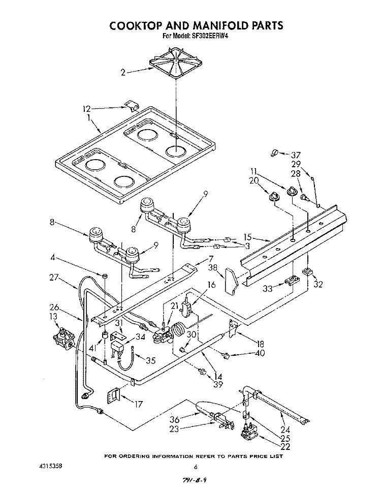 COOKTOP AND MANIFOLD , LITERATURE A Diagram and Parts List for SF302EERW4  Whirlpool Range