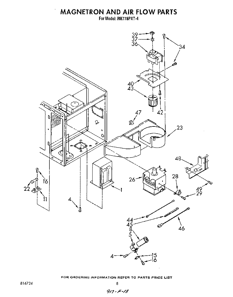 MAGNETRON AND AIR FLOW Diagram and Parts List for RM778PXT4  Whirlpool Microwave Oven Combo