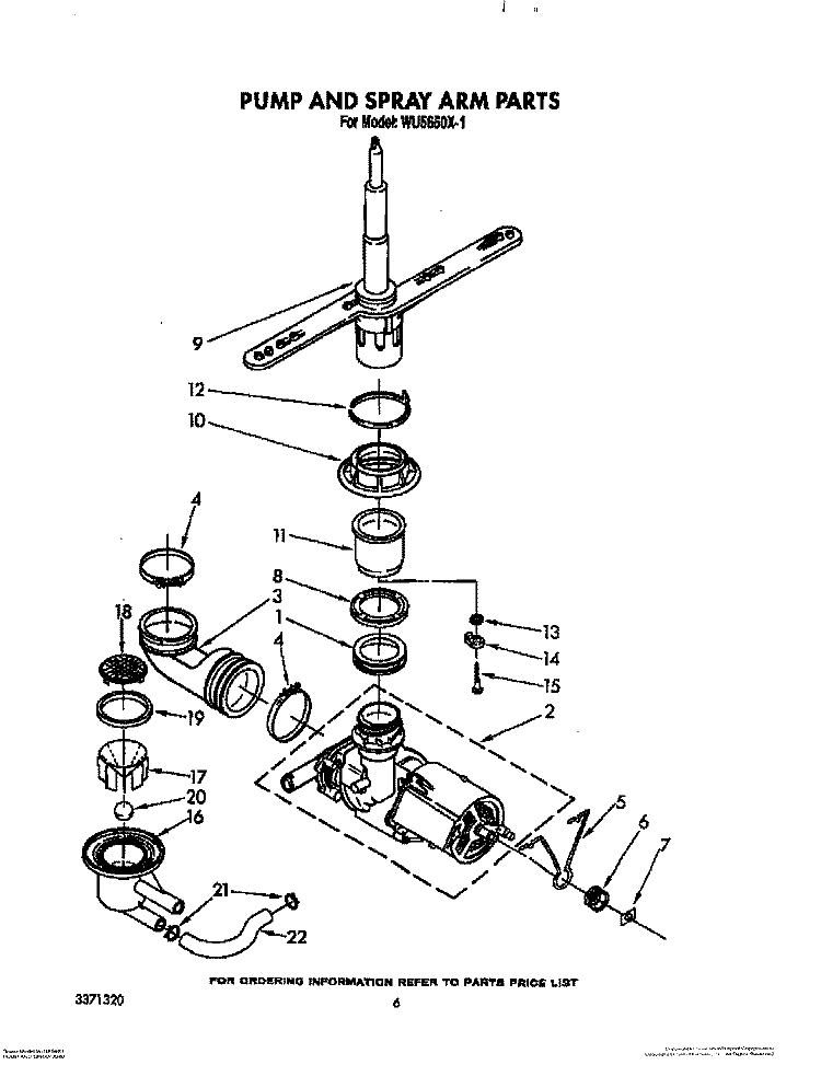 PUMP AND SPRAY ARM Diagram and Parts List for WU5650X1  Roper Dishwasher