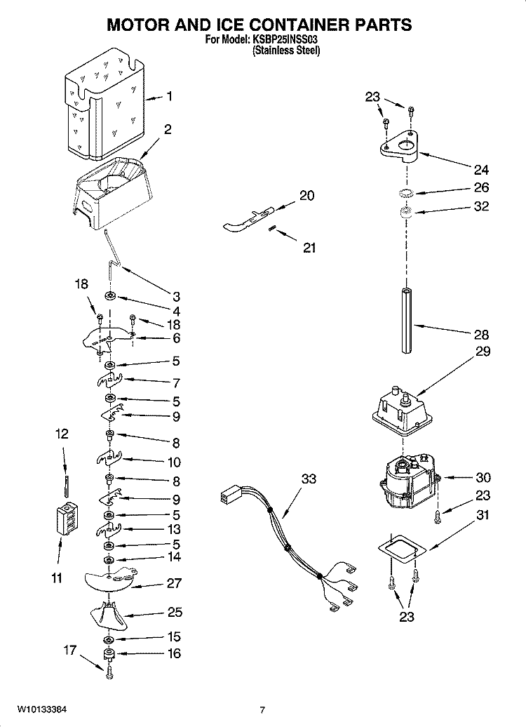 MOTOR AND ICE CONTAINER PARTS Diagram and Parts List for KSBP25INSS03  KitchenAid Refrigerator