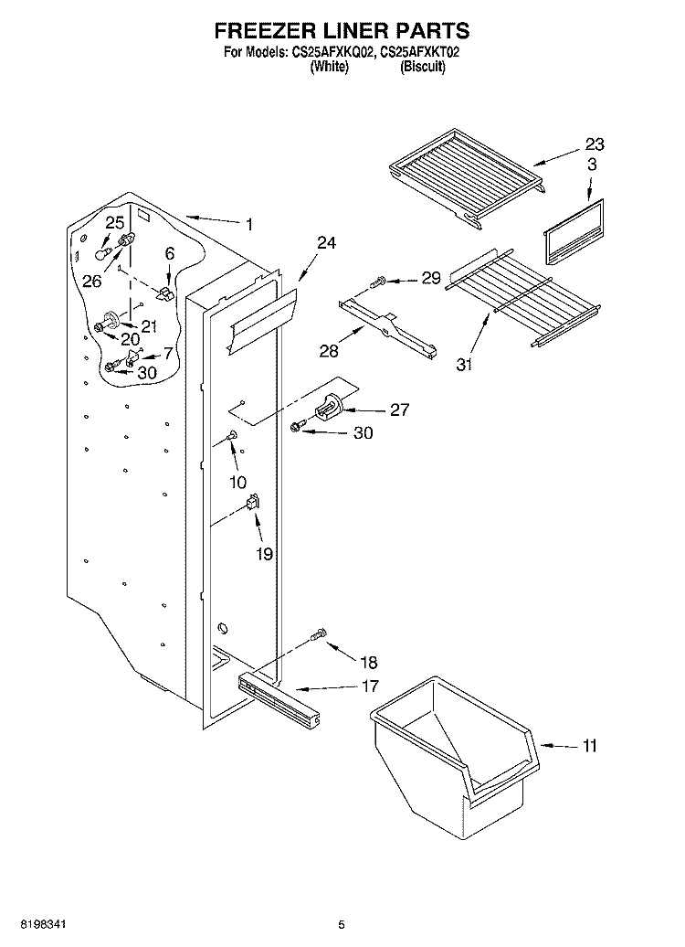FREEZER LINER PARTS Diagram and Parts List for CS25AFXKQ02  Crosley Refrigerator