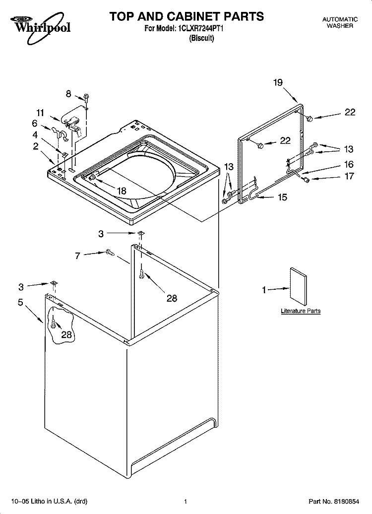 TOP AND CABINET PARTS Diagram and Parts List for 1CLXR7244PT1  Whirlpool Washer