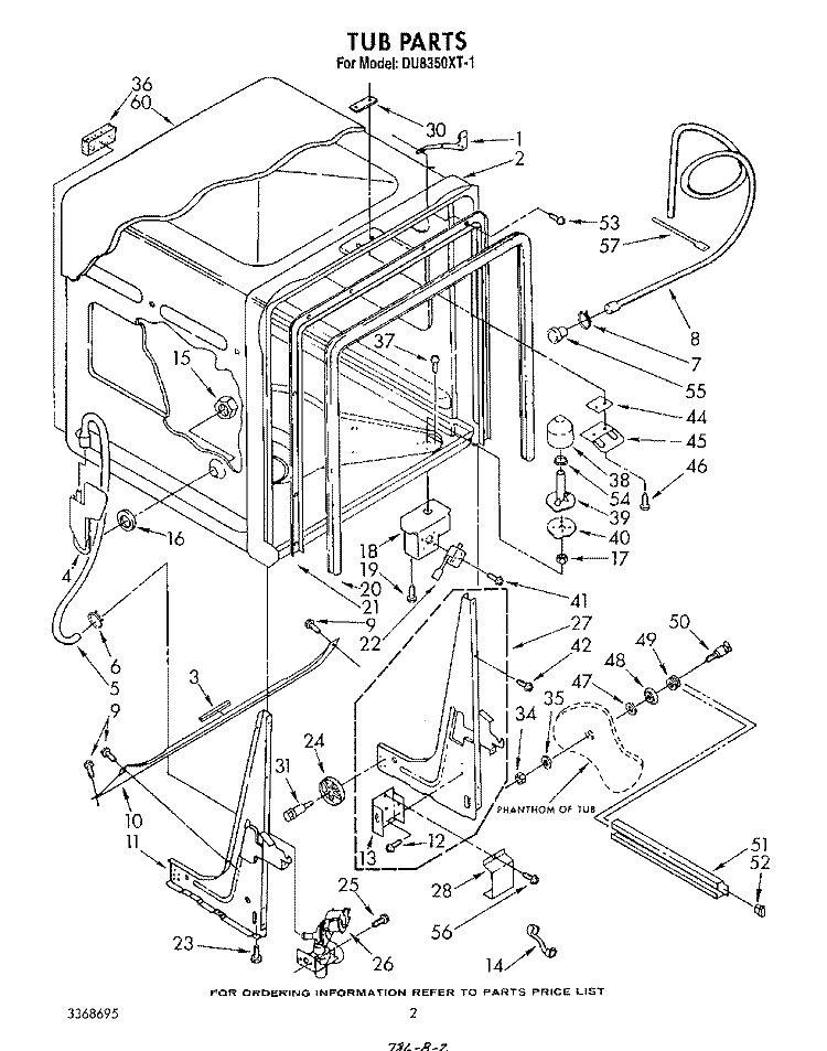 TUB , LITERATURE AND OPTIONAL Diagram and Parts List for DU8350XT1  Whirlpool Dishwasher