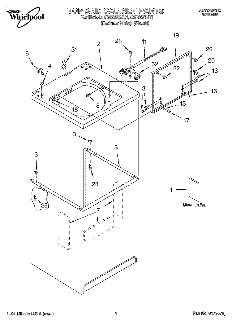 TOP AND CABINET, LITERATURE Diagram and Parts List for GST9675JQ1  Whirlpool Washer