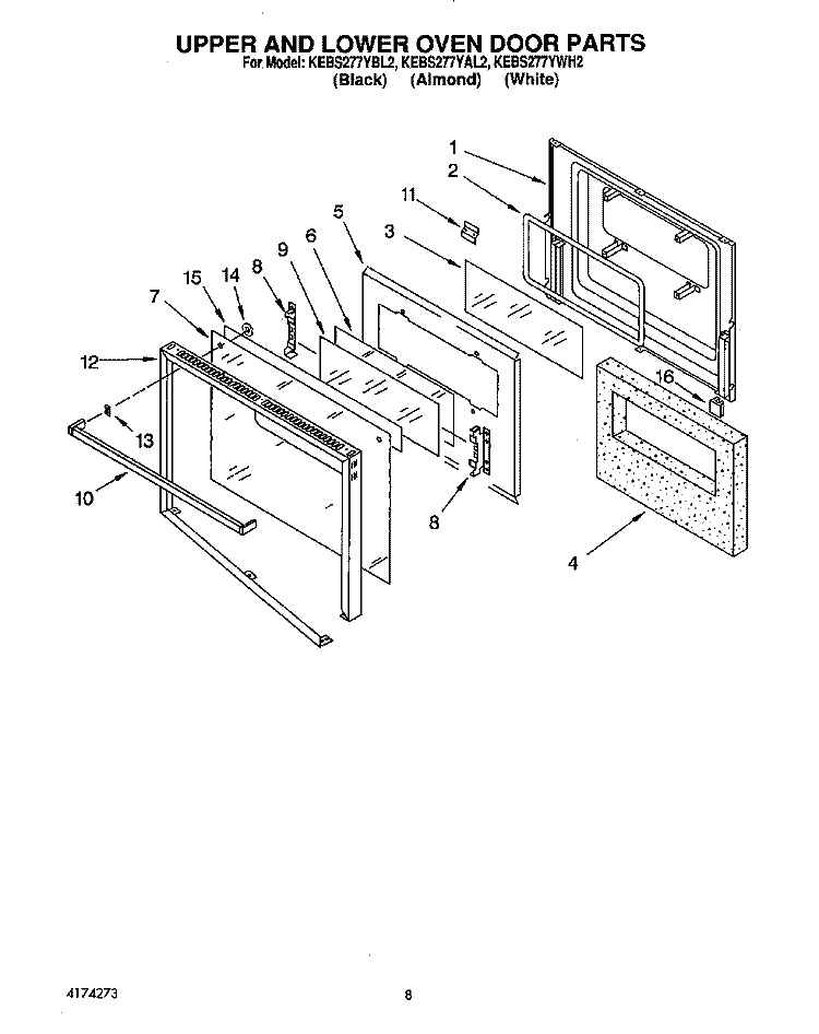 UPPER AND LOWER OVEN DOOR Diagram and Parts List for KEBS277YBL2  KitchenAid Wall Oven