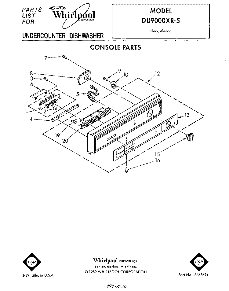 CONSOLE Diagram and Parts List for DU9000XR5  Whirlpool Dishwasher