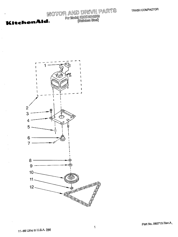 MOTOR AND DRIVE, LITERATURE Diagram and Parts List for KUCC151GSS0  KitchenAid Trash Compactor