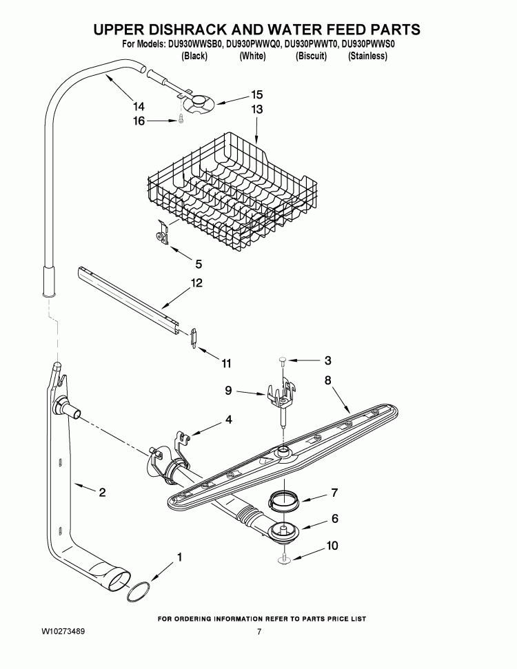 UPPER DISHRACK AND WATER FEED PARTS Diagram and Parts List for DU930PWWS0  Whirlpool Dishwasher