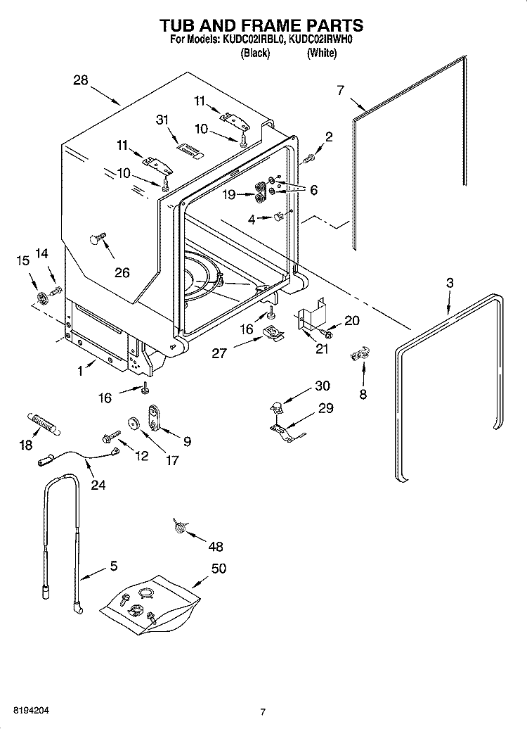 TUB AND FRAME PARTS Diagram and Parts List for KUDC02IRBL0  KitchenAid Dishwasher