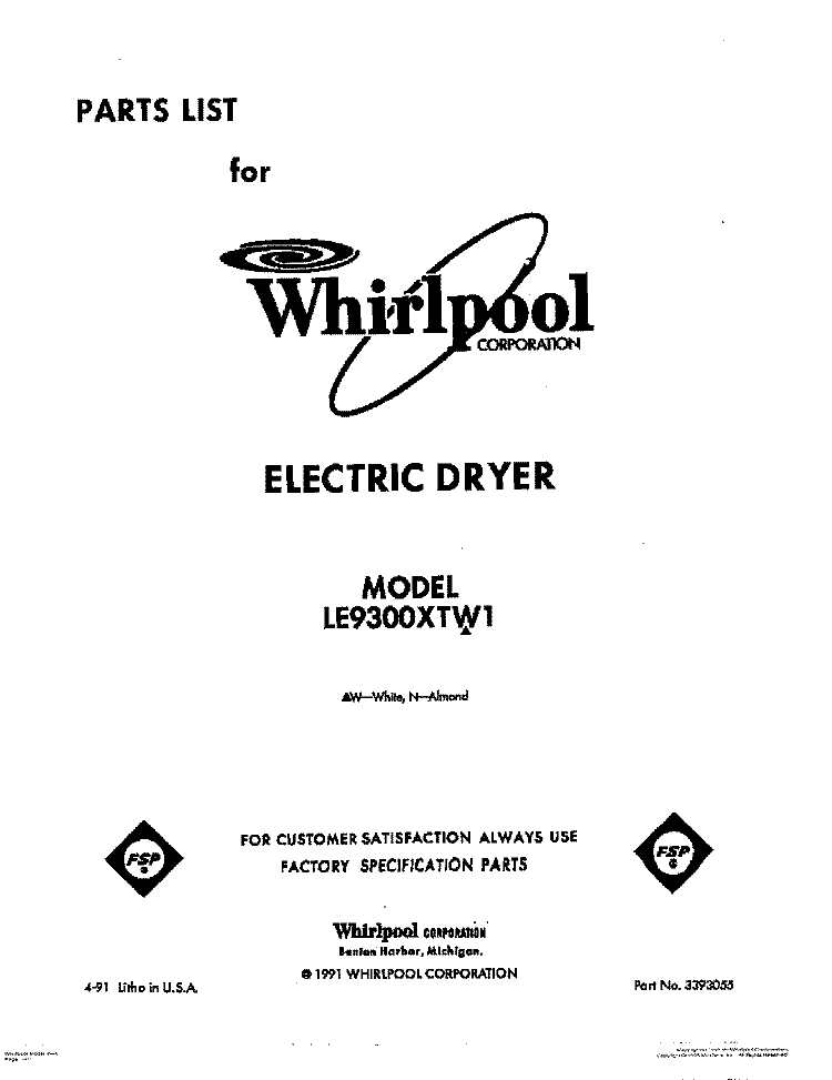 SECTION Diagram and Parts List for LE9300XTW1  Whirlpool Dryer