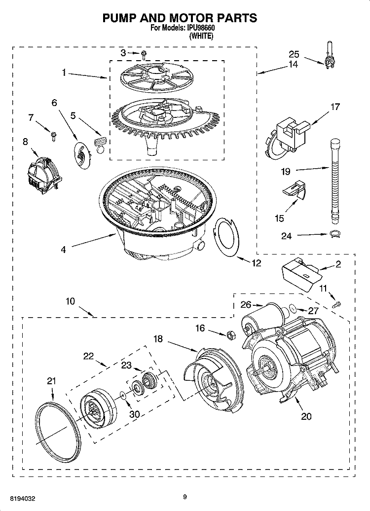 PUMP AND MOTOR PARTS Diagram and Parts List for IPU98660  Inglis Dishwasher