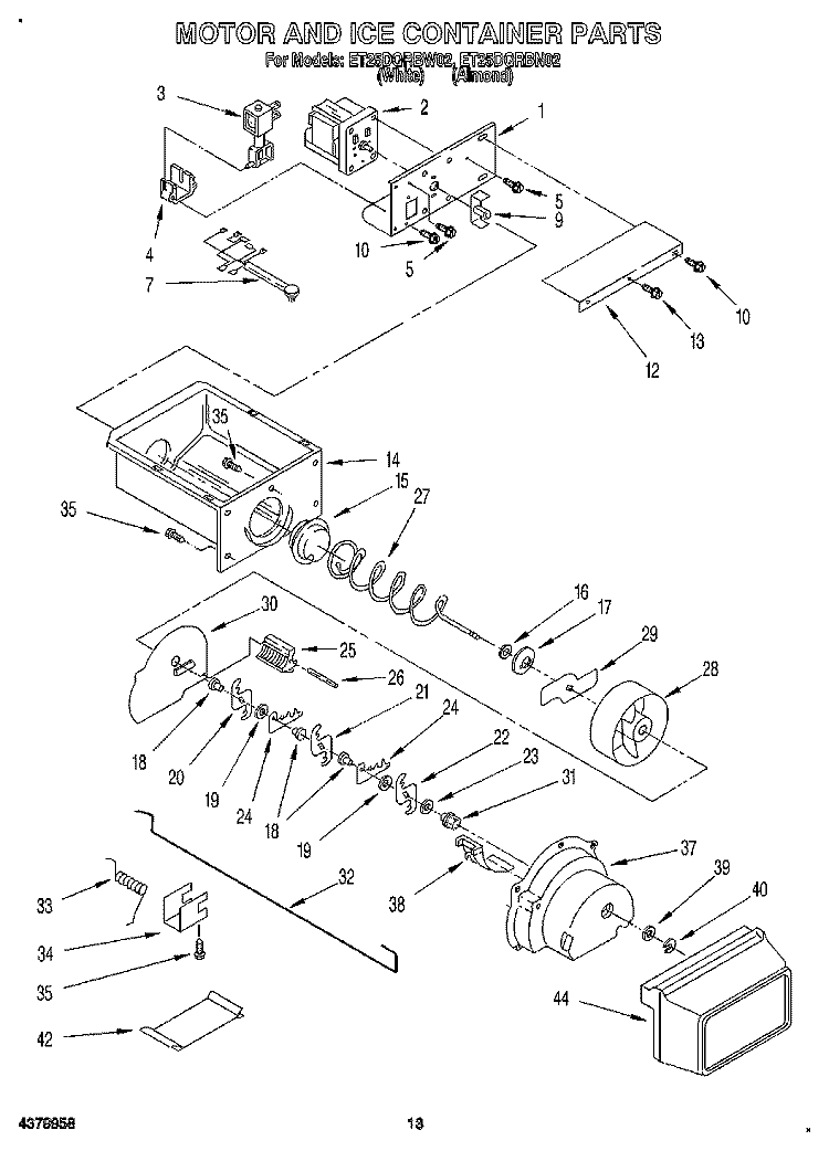 MOTOR AND ICE CONTAINER Diagram and Parts List for ET25DQRBW02  Whirlpool Refrigerator