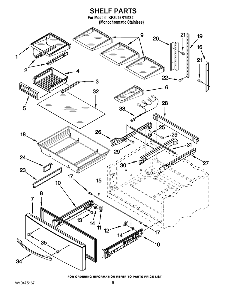 SHELF PARTS Diagram and Parts List for KFXL25RYMS2  KitchenAid Refrigerator