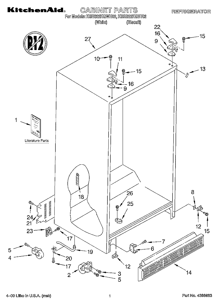 CABINET, LITERATURE Diagram and Parts List for KSRS22KGBT02  KitchenAid Refrigerator