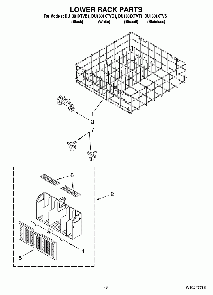 LOWER RACK PARTS Diagram and Parts List for DU1301XTVQ1  Whirlpool Dishwasher