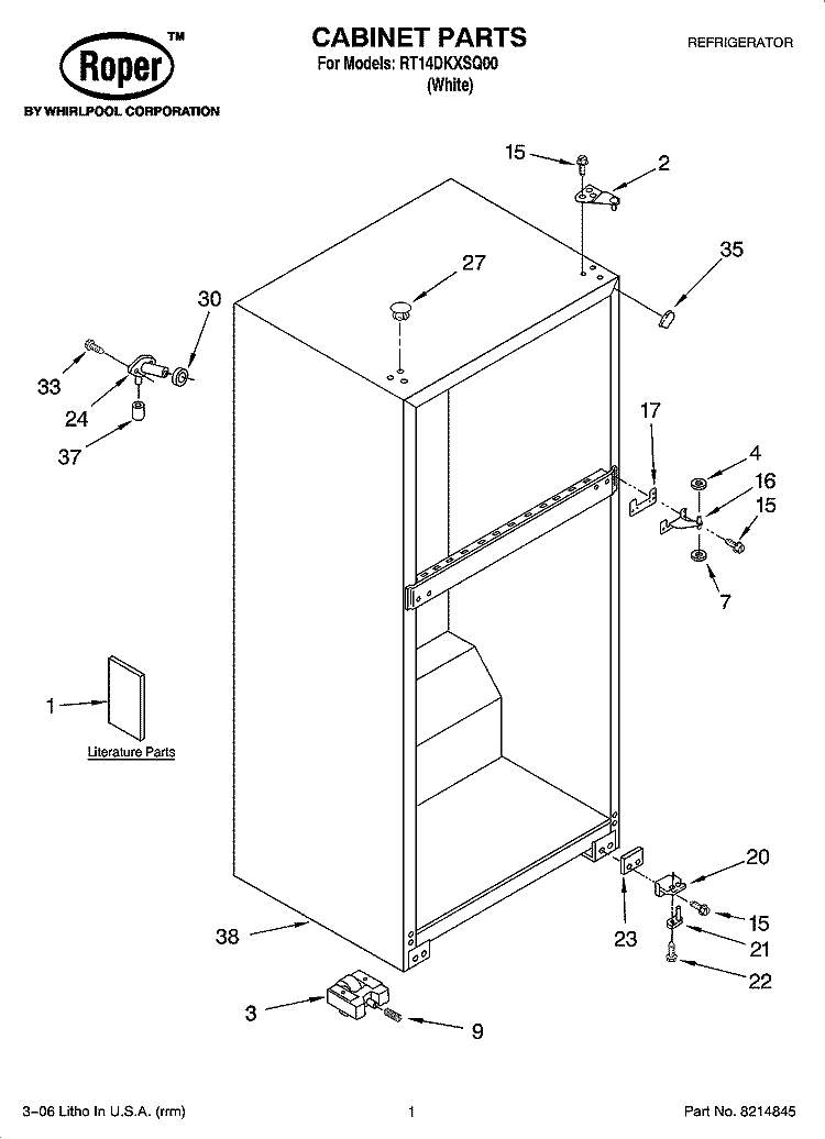CABINET PARTS Diagram and Parts List for RT14DKXSQ00  Roper Refrigerator