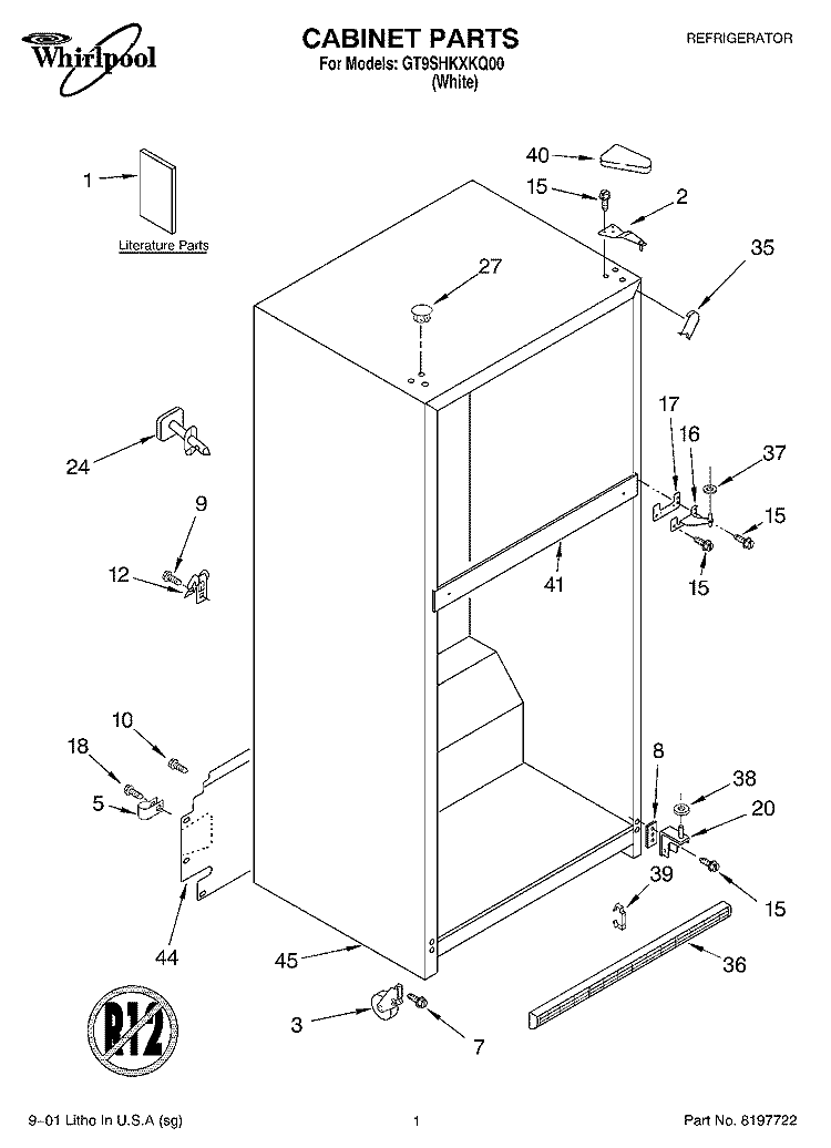 CABINET, LITERATURE Diagram and Parts List for GT9SHKXKQ00  Whirlpool Refrigerator