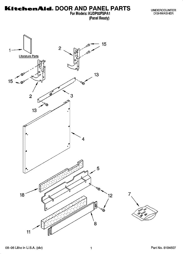 DOOR AND PANEL PARTS Diagram and Parts List for KUDP02FSPA1  KitchenAid Dishwasher